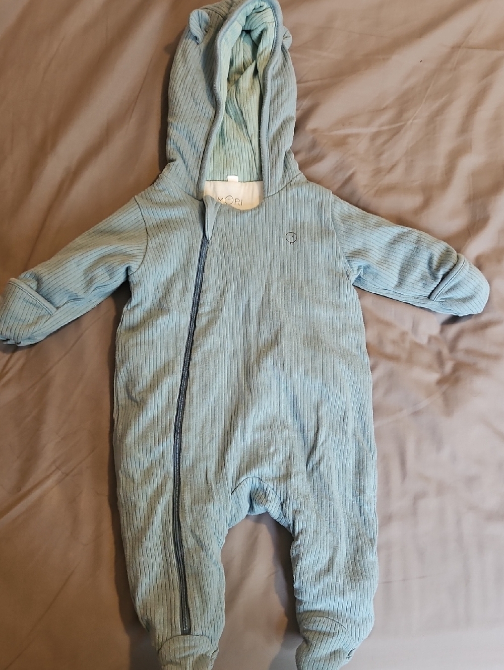 Light Blue Hooded Cushioned Baby One-Piece 3m